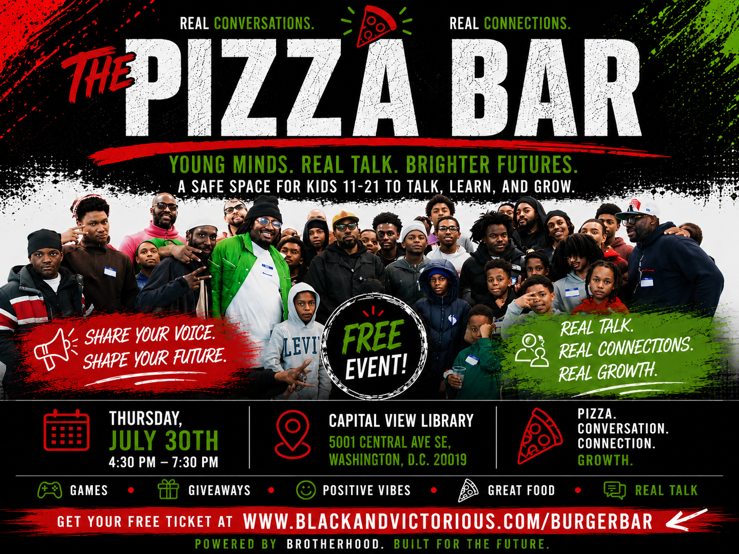 The Pizza Bar flyer — Thursday July 30, Capital View Library, Washington DC